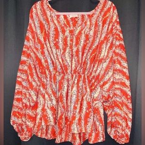 Red Graphic Printed Balloon-Sleeve Top with Elastic Waist.